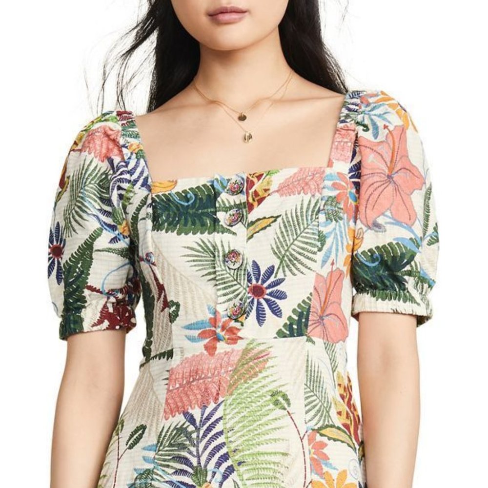 NWT Farm Rio Vintage Garden Midi Puffed Sleeve Dress in Multi Floral